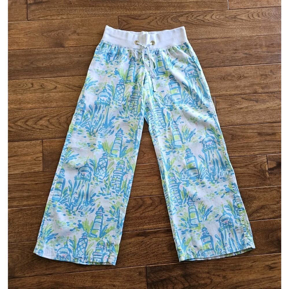 Lilly Pullizter Tropical Linen Palazzo Wide Leg Pants Women's Size XS Resort